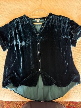 Sundance Velvet Button-Front Short Sleeve Top in Teal-Black